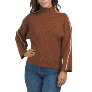 SUGAR LIPS Brown Cole Whipstitch Turtleneck Sweater